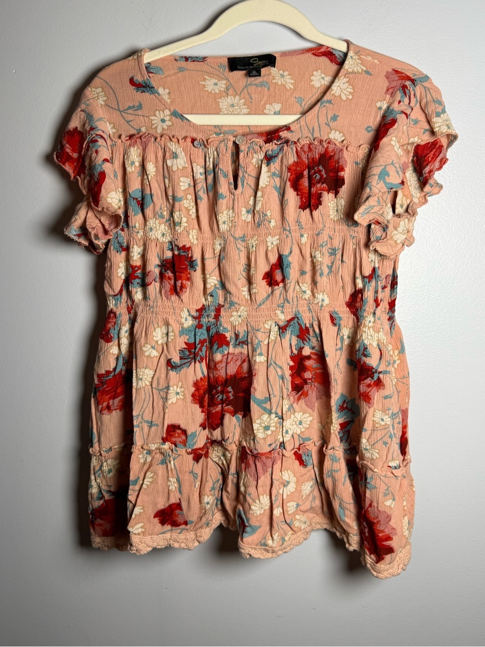 Suzanne Betro Peach Floral Smocked Peplum Tunic with Red and Cream Blooms